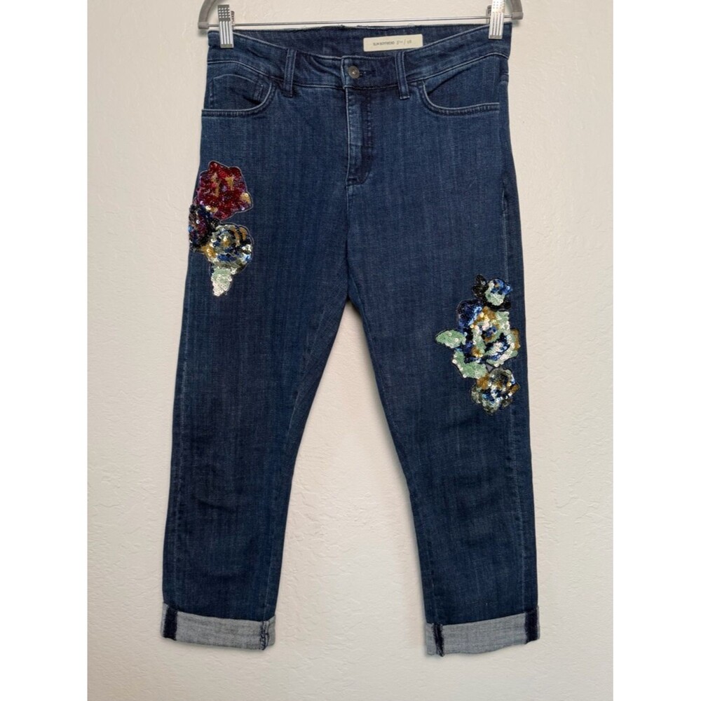 Anthropologie Pilcro Sequin Floral Embroidered Slim Boyfriend Jeans 28 Crop - Picture 3 of 16